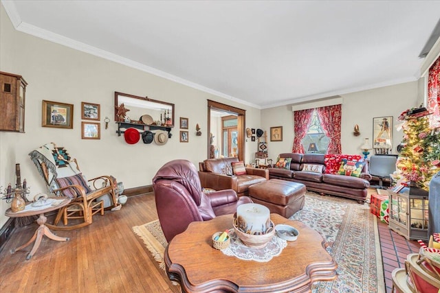 living room featuring hardwood / wood-style flooring and crown molding