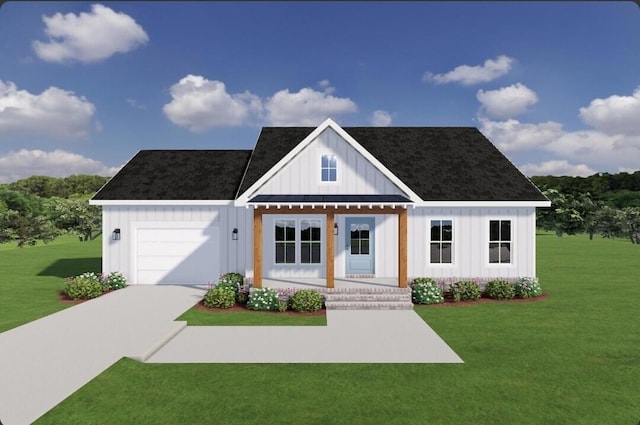 view of front of property with a porch, a front yard, and a garage