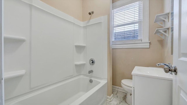 full bathroom with toilet, washtub / shower combination, baseboards, and vanity