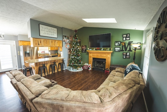 living room with dark hardwood / wood-style flooring, a wealth of natural light, vaulted ceiling with skylight, and a textured ceiling