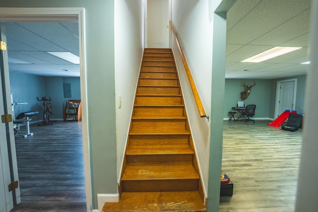 stairway with a drop ceiling and wood-type flooring