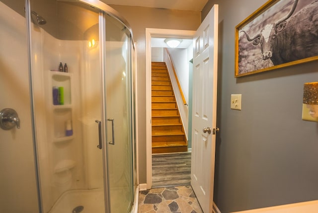 bathroom with hardwood / wood-style floors and walk in shower