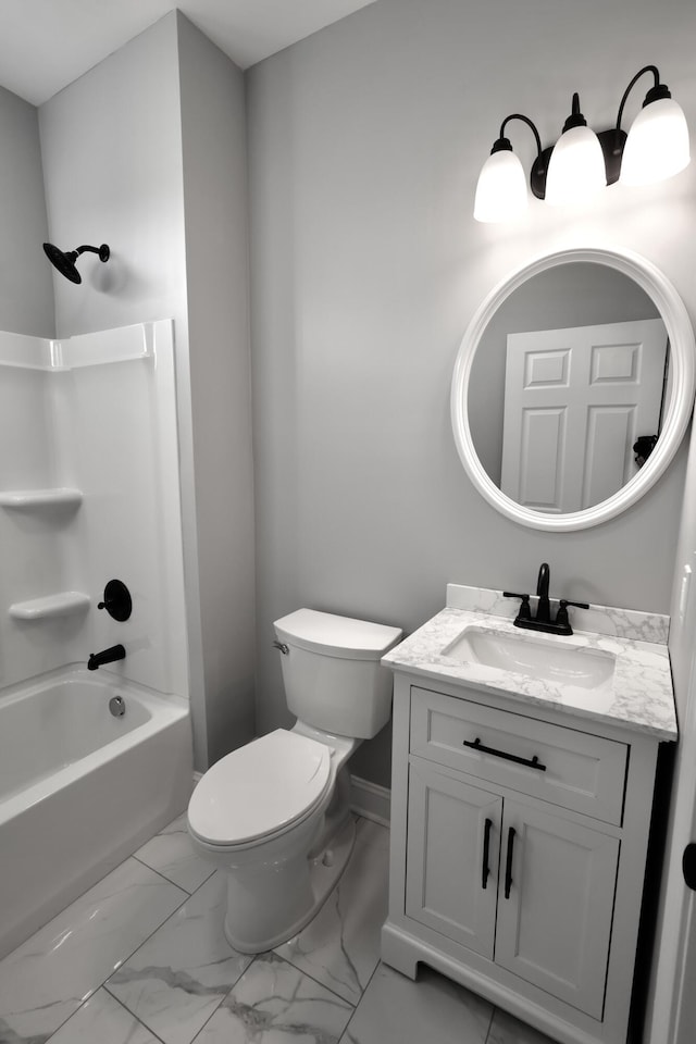 full bathroom with vanity,  shower combination, and toilet