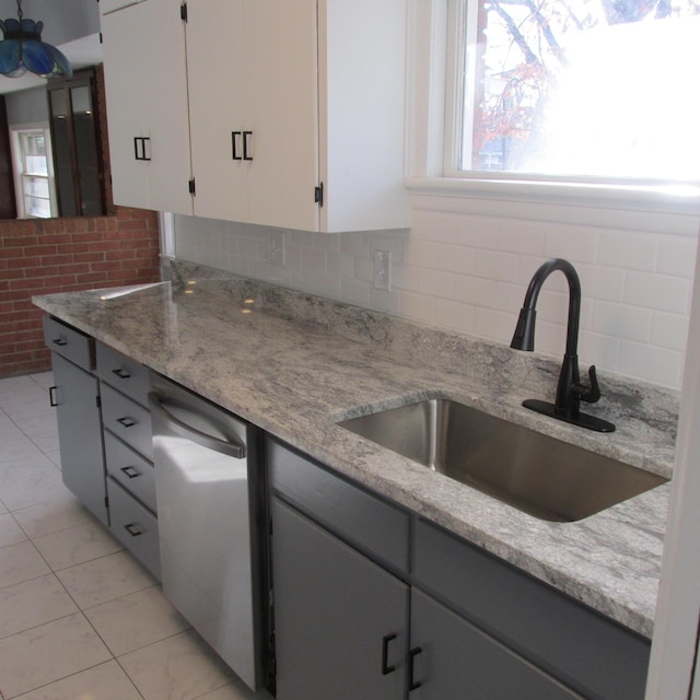 kitchen featuring white cabinets, dishwasher, gray cabinetry, and sink