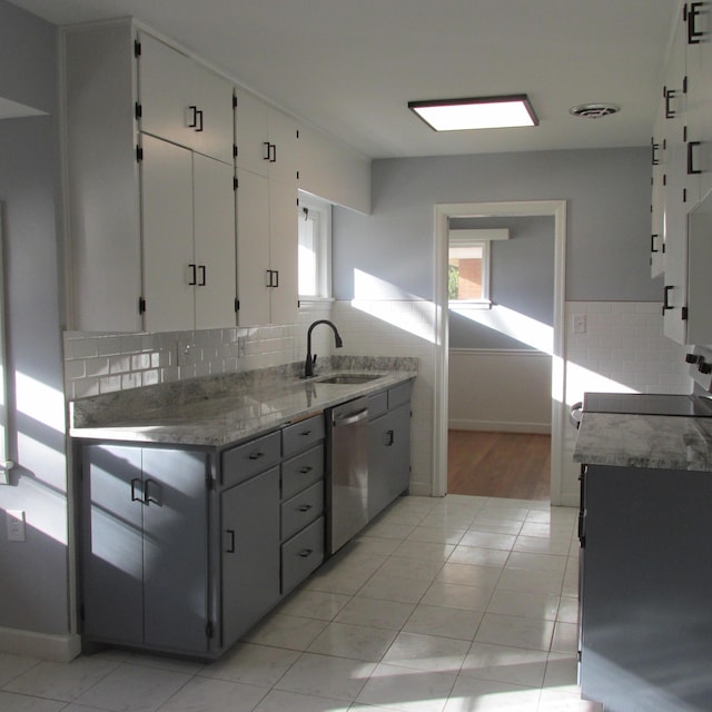 kitchen featuring backsplash, white cabinetry, dishwasher, and sink