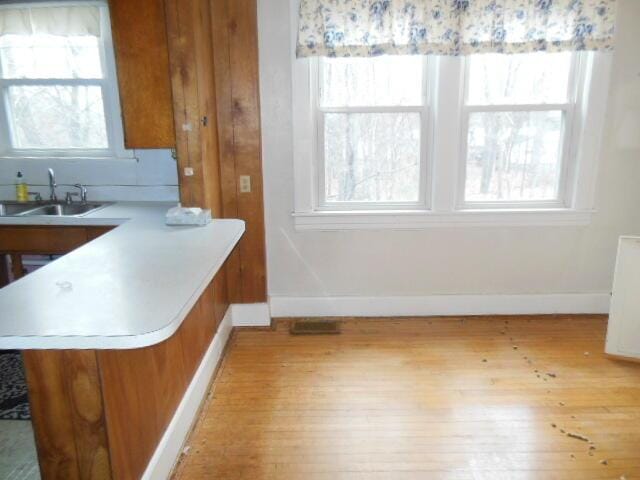 kitchen with kitchen peninsula, a wealth of natural light, sink, and light wood-type flooring