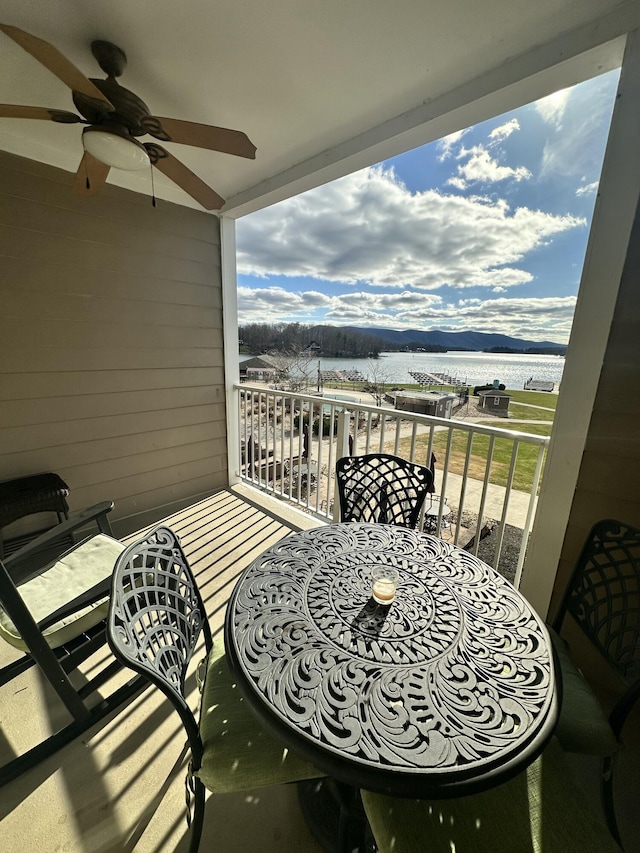 balcony featuring ceiling fan and a water view