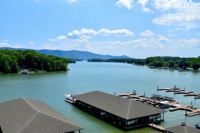 property view of water with a mountain view and a dock