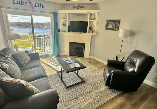 living room featuring hardwood / wood-style floors and ceiling fan