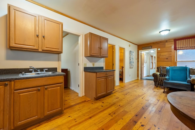 kitchen featuring baseboards, light wood-style flooring, a sink, dark countertops, and open floor plan