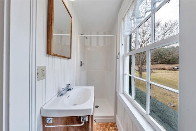 bathroom featuring vanity, a healthy amount of sunlight, and a stall shower