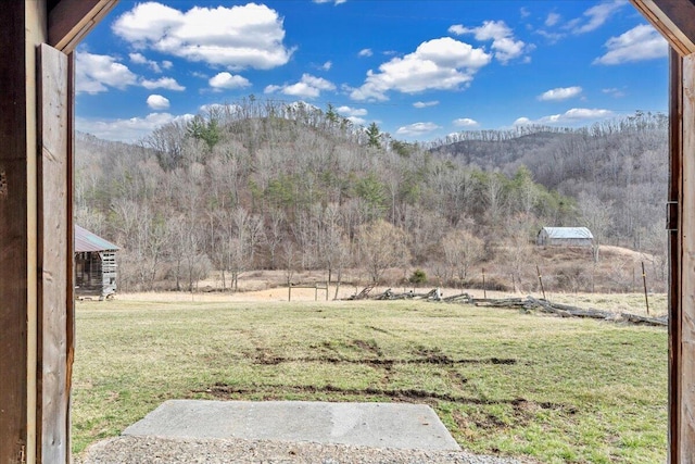 view of yard with a mountain view and a wooded view