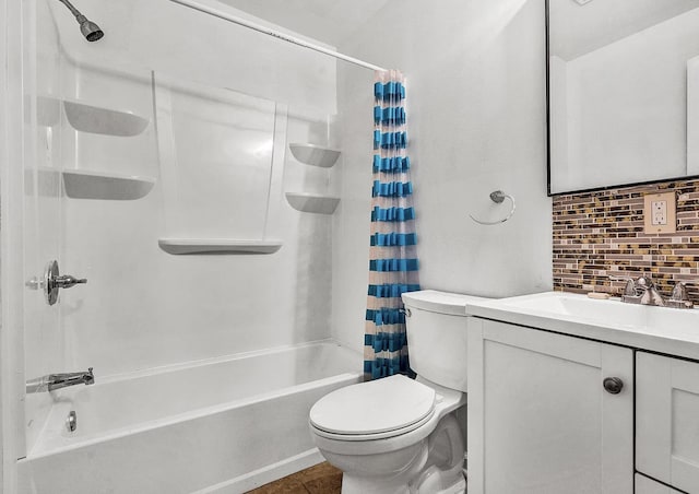 full bathroom with decorative backsplash, toilet, shower / bath combo with shower curtain, and vanity