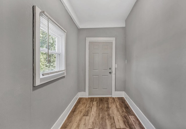 entryway with wood-type flooring and crown molding