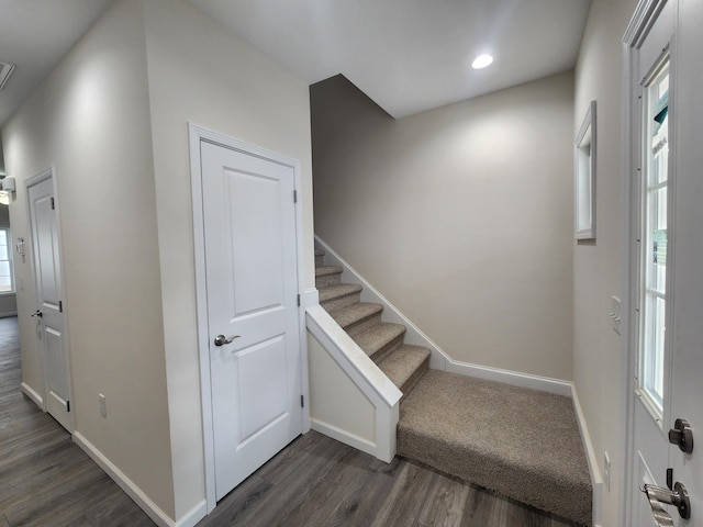 staircase with wood-type flooring