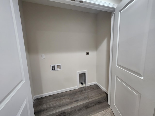 washroom featuring electric dryer hookup, hookup for a washing machine, and dark wood-type flooring