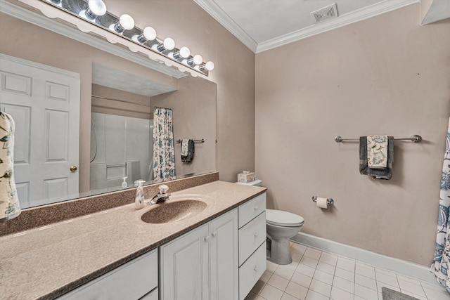 bathroom with vanity, tile patterned floors, a shower with curtain, crown molding, and toilet