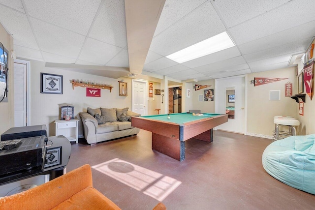 playroom with a drop ceiling and billiards