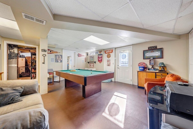 recreation room with a drop ceiling and pool table