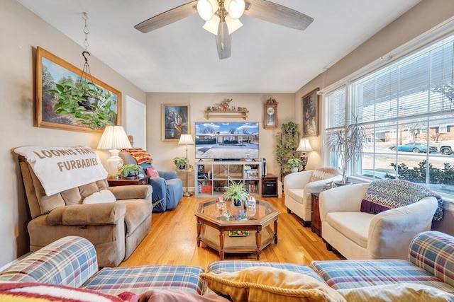 living room featuring ceiling fan and wood-type flooring