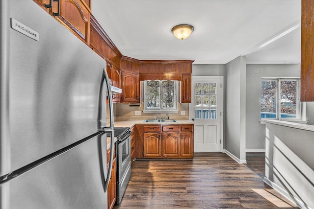 kitchen featuring sink, stainless steel appliances, and dark wood-type flooring