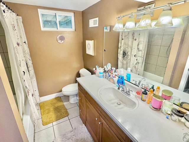 full bathroom with toilet, shower / bath combination with curtain, vanity, and tile patterned floors