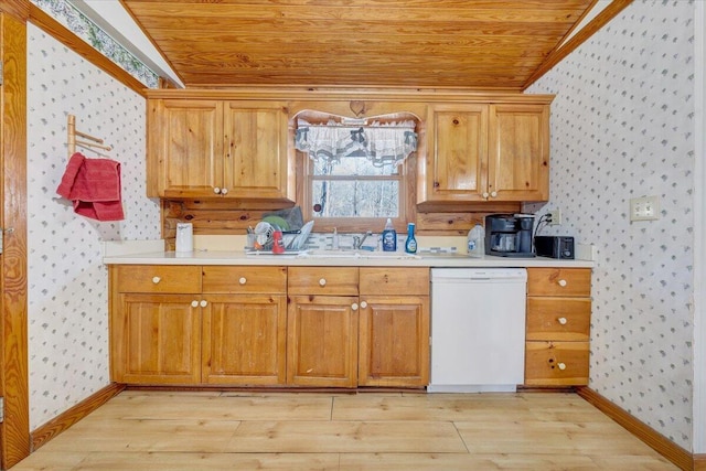 kitchen with lofted ceiling, sink, wood ceiling, light wood-type flooring, and white dishwasher