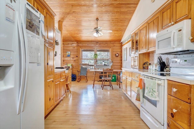 kitchen featuring vaulted ceiling, wood walls, white appliances, wood ceiling, and light wood-type flooring