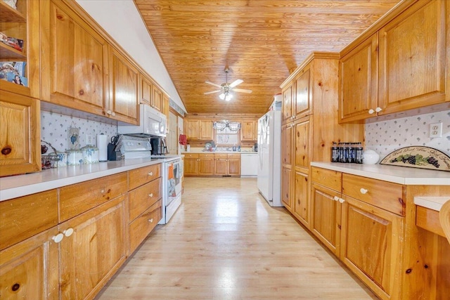 kitchen featuring white appliances, light hardwood / wood-style flooring, ceiling fan, vaulted ceiling, and wooden ceiling