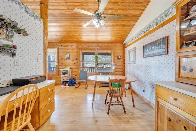 dining area featuring built in desk, vaulted ceiling, wooden ceiling, ceiling fan, and light hardwood / wood-style floors