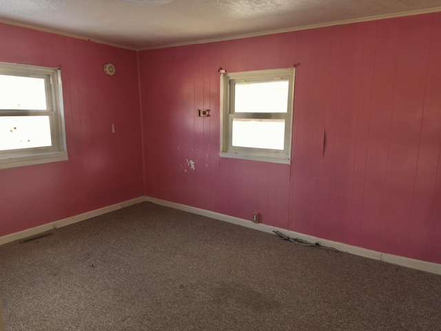 empty room with ornamental molding and plenty of natural light