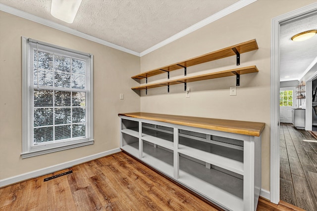 interior space featuring hardwood / wood-style floors, crown molding, and a textured ceiling