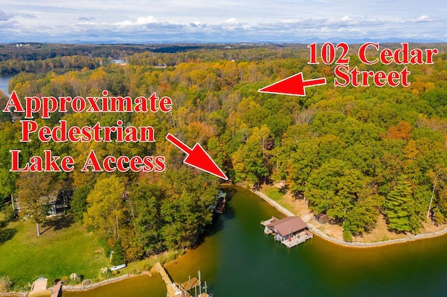 aerial view with a water view and a forest view