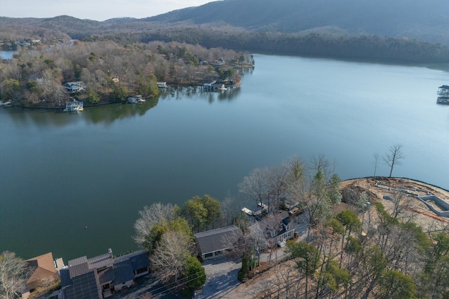 drone / aerial view featuring a water view