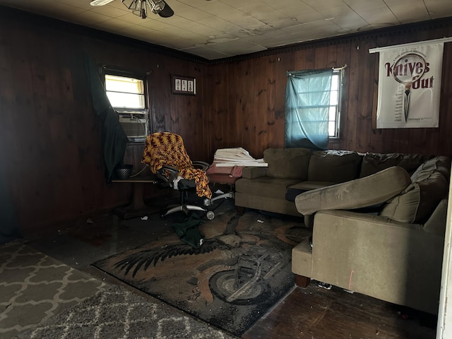 living room with cooling unit and wooden walls