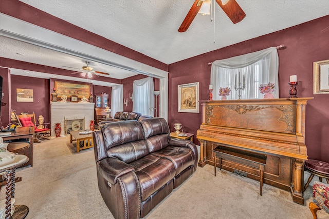 carpeted living room with a textured ceiling