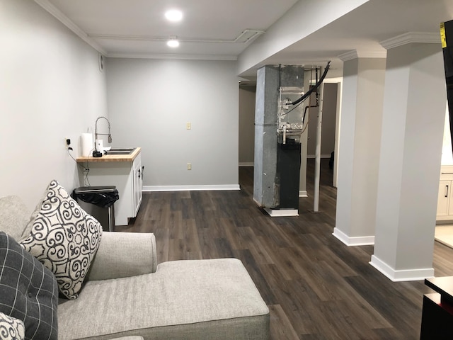 interior space with dark hardwood / wood-style floors, crown molding, and sink