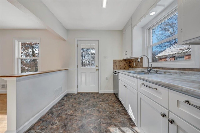 kitchen featuring sink, stainless steel dishwasher, backsplash, kitchen peninsula, and white cabinets