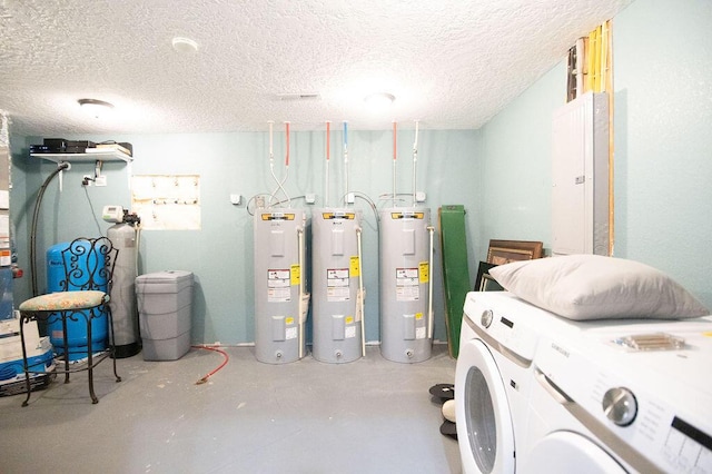 laundry area featuring electric water heater and a textured ceiling