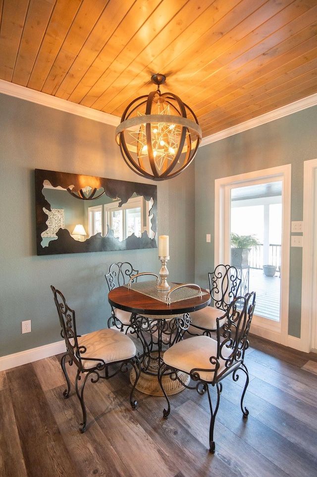 dining space featuring crown molding, wood-type flooring, wood ceiling, and a notable chandelier