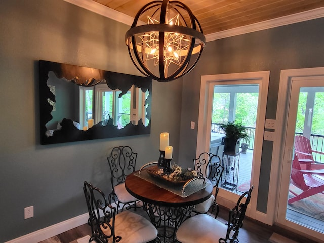 dining room with hardwood / wood-style floors, ornamental molding, wood ceiling, and an inviting chandelier