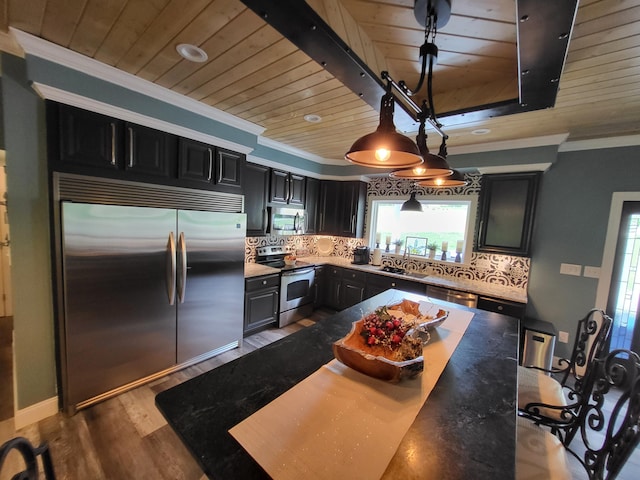 kitchen featuring wood-type flooring, wooden ceiling, backsplash, and appliances with stainless steel finishes