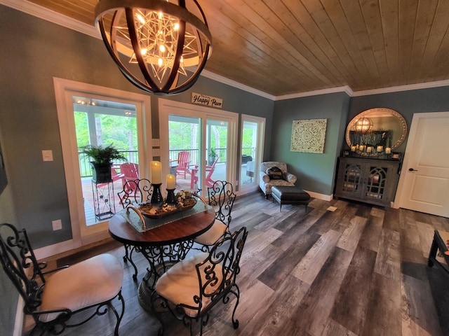 dining room featuring ornamental molding, dark hardwood / wood-style floors, a notable chandelier, and wood ceiling