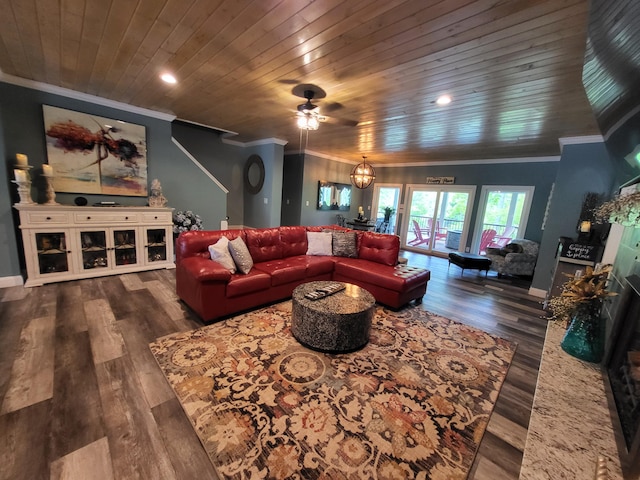 living room featuring crown molding, dark hardwood / wood-style flooring, ceiling fan, and wooden ceiling