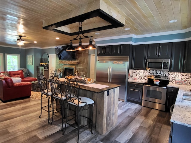 kitchen featuring stainless steel appliances, a stone fireplace, light stone counters, dark hardwood / wood-style floors, and ornamental molding