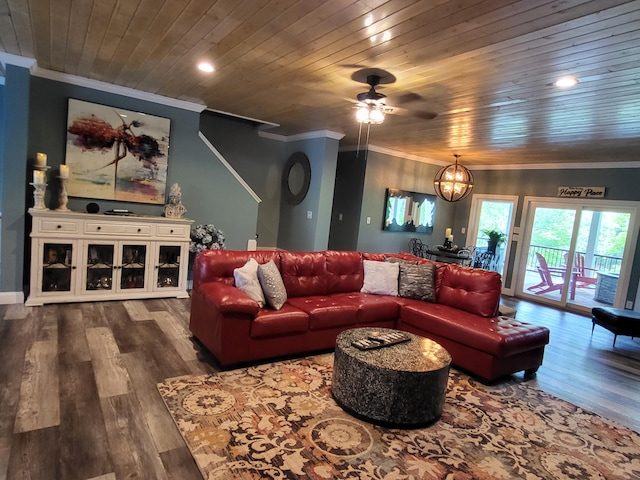 living room featuring ceiling fan with notable chandelier, hardwood / wood-style flooring, ornamental molding, and wood ceiling