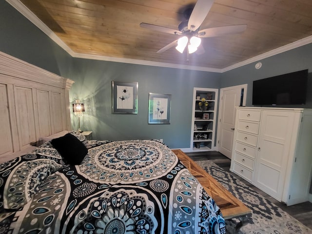 bedroom featuring ceiling fan, crown molding, and wood ceiling