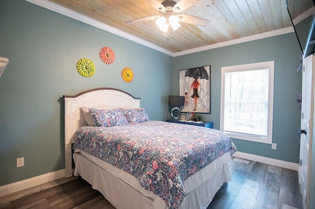 bedroom with ceiling fan, dark hardwood / wood-style floors, ornamental molding, and wooden ceiling