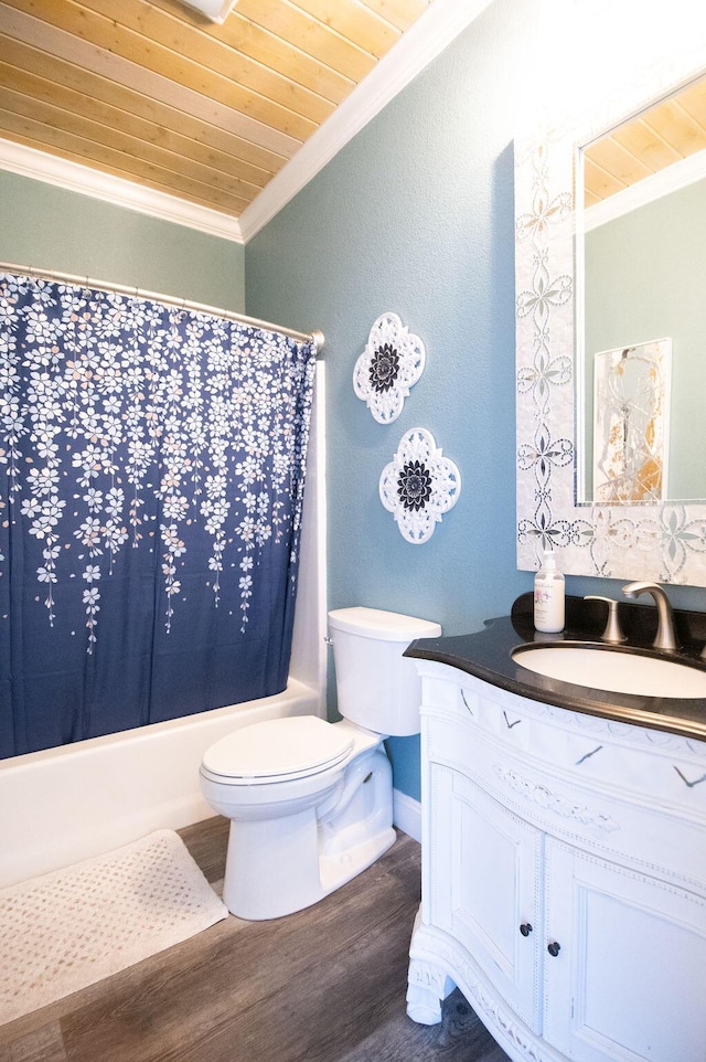 full bathroom featuring crown molding, toilet, vanity, wood ceiling, and hardwood / wood-style flooring