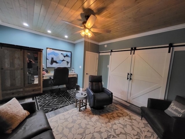 living room with a barn door, crown molding, ceiling fan, and wood ceiling